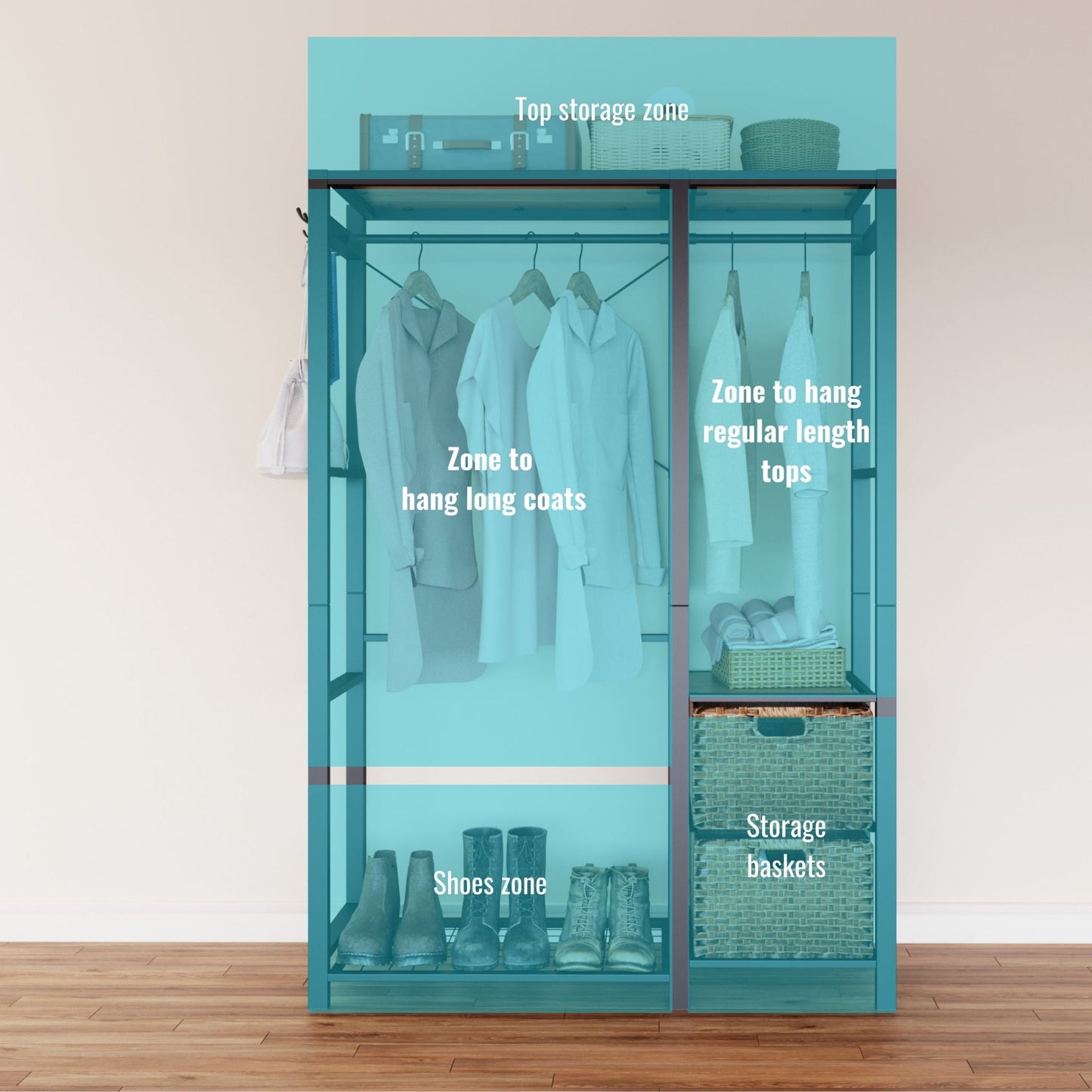 Garment Rack With Shelves, 2 Wicker Drawers, 4 Hooks, Organizer