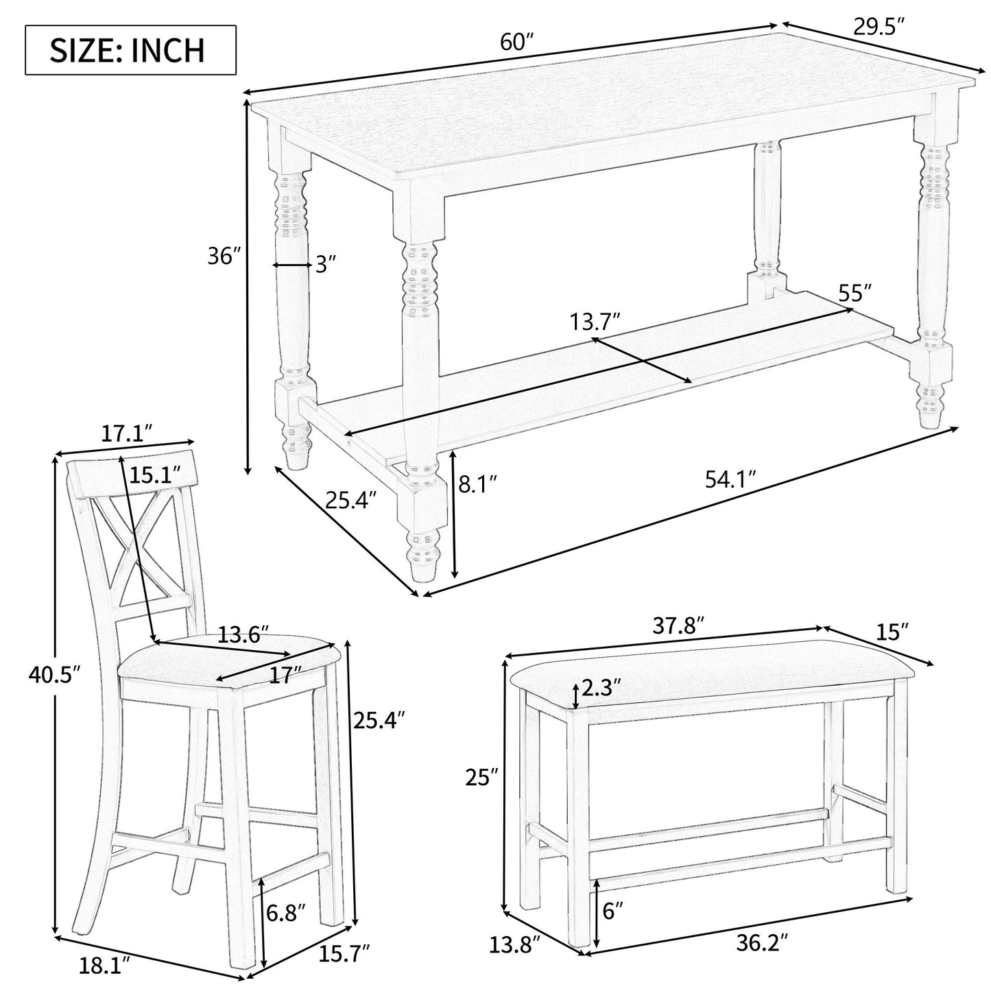 6 Piece Counter Height Dining Table Set With Shelf, 4 Chairs And Bench