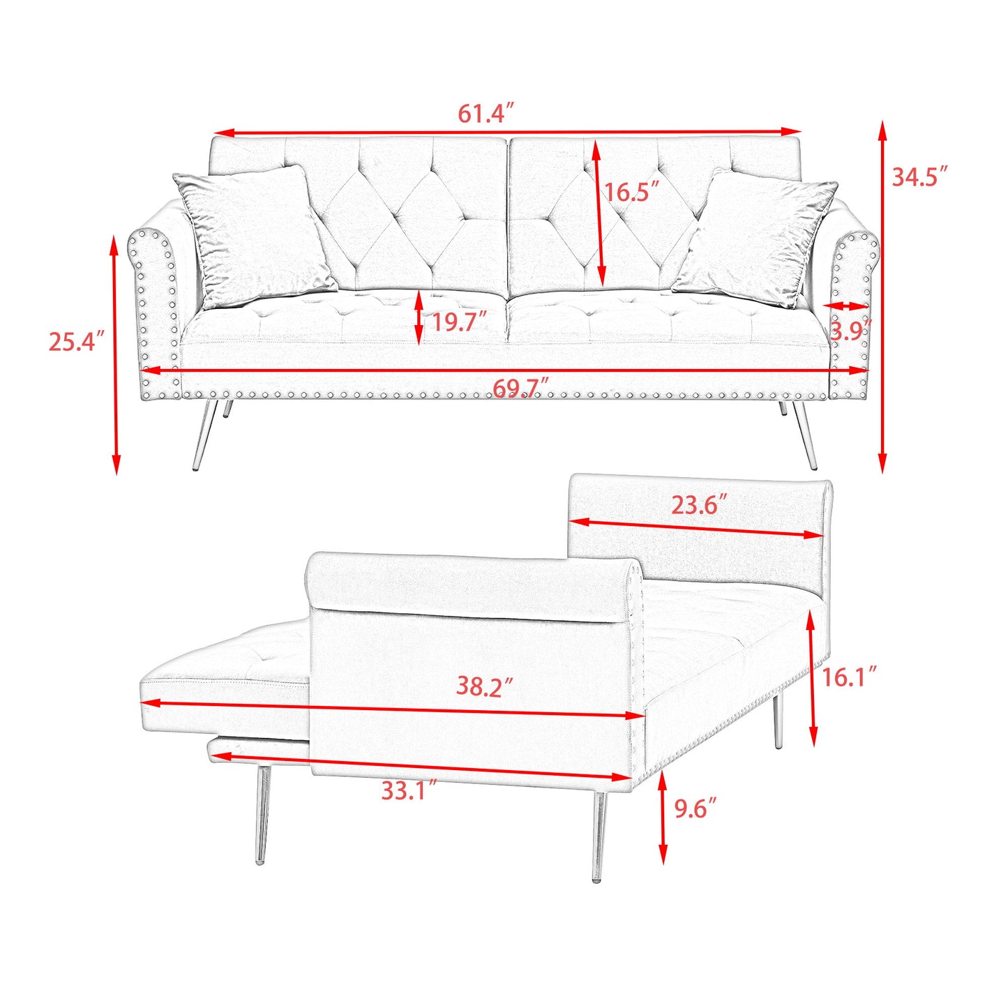 Luxurious Velvet Sofa Bed With Nail Head Trim And Matching Pillow