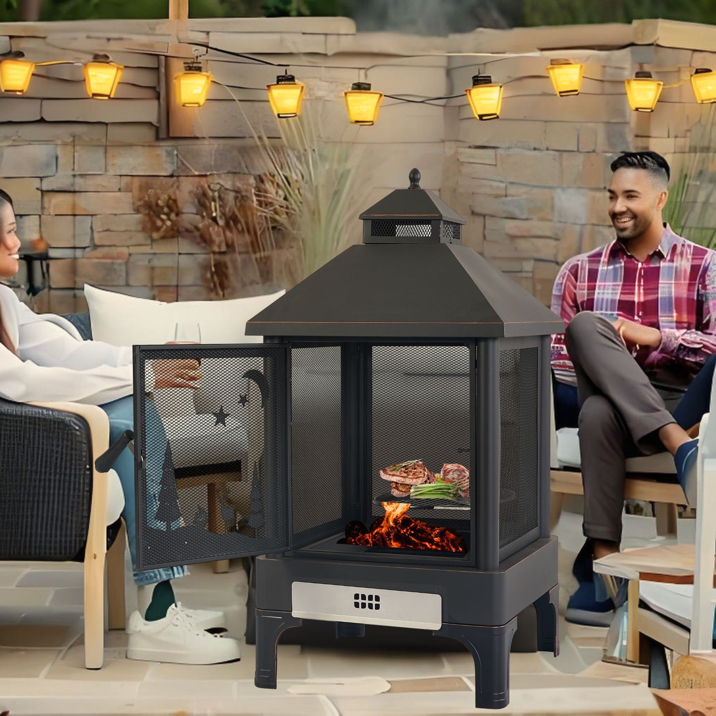 Heavy Duty Garden Metal Outdoor Heating Furnace Fire Pit With Rotating Tray - Black