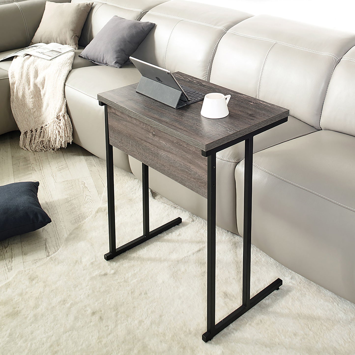 Mona - Rustic Wood Top And Metal Base TV Tray With Water And Heat Resistance - Gray