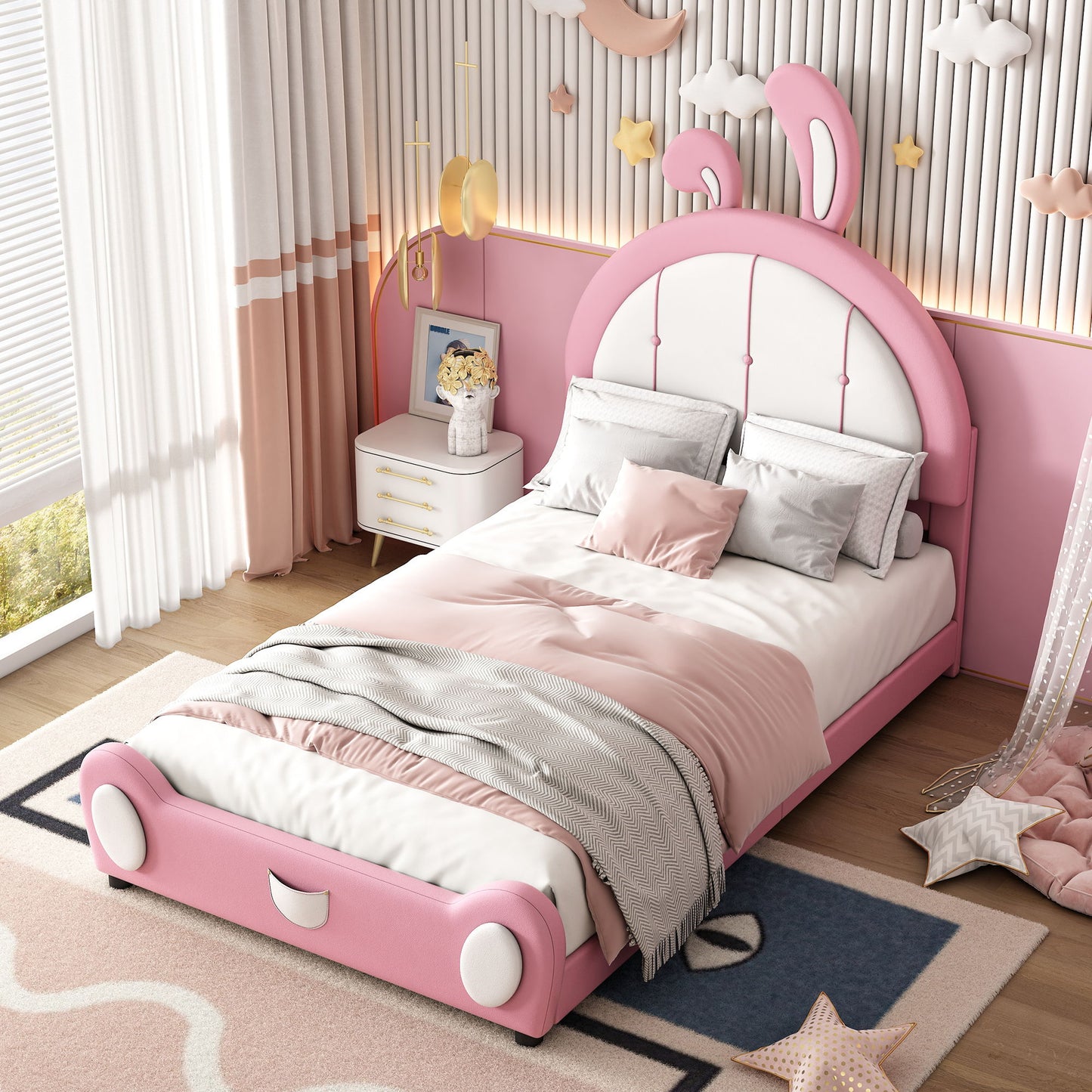 Upholstered Platform Bed With Rabbit Shaped Headboard