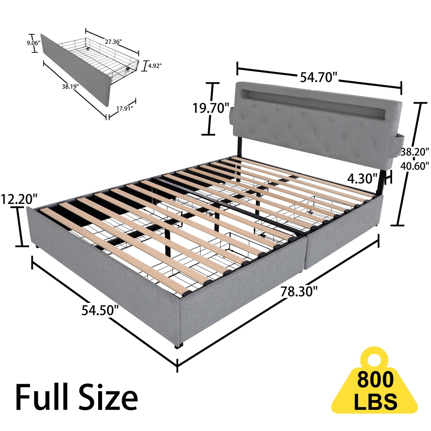 Bed With USB Charging Station, LED Lights, Headboard & Storage Drawers