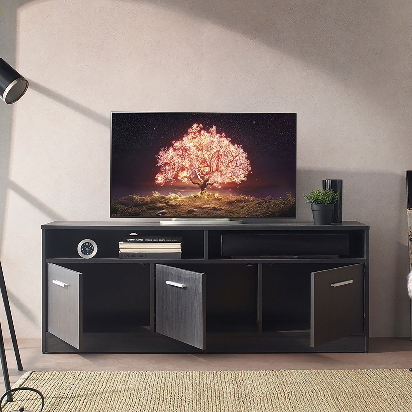 Holland - Contemporary TV Stand With 3 Soft Closing Doors - Dark Gray