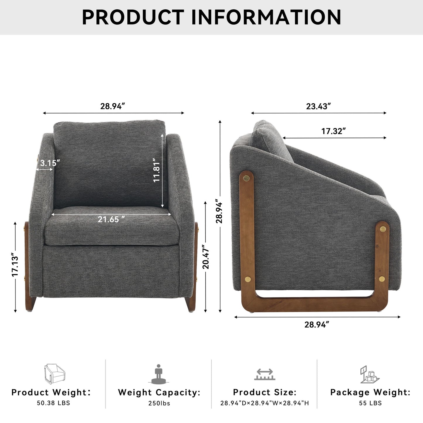 Modern Chenille Upholstered Armchair With Wooden Side Frame