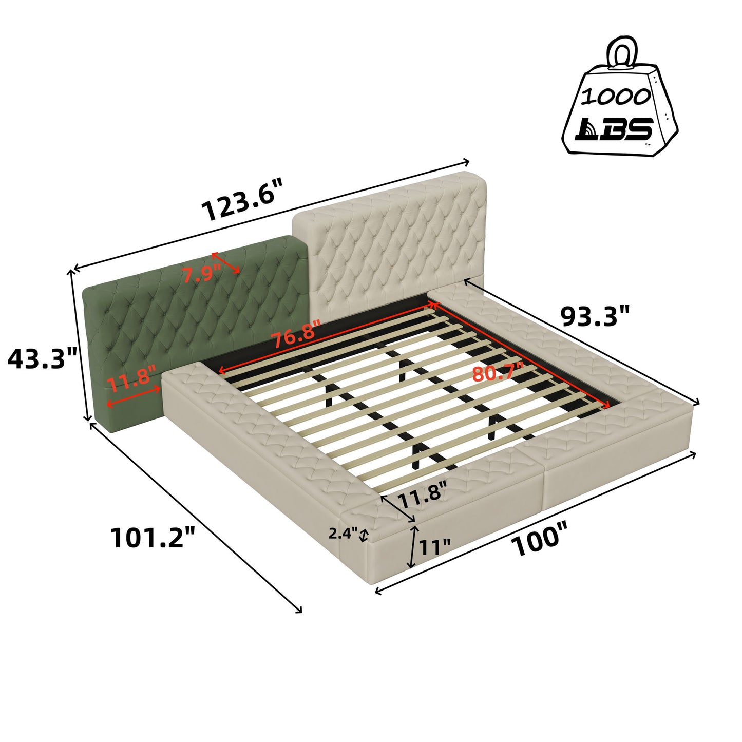 Modern Upholstered Platform Bed With Storage Space, Sturdy And Stable Solid Wood Frame