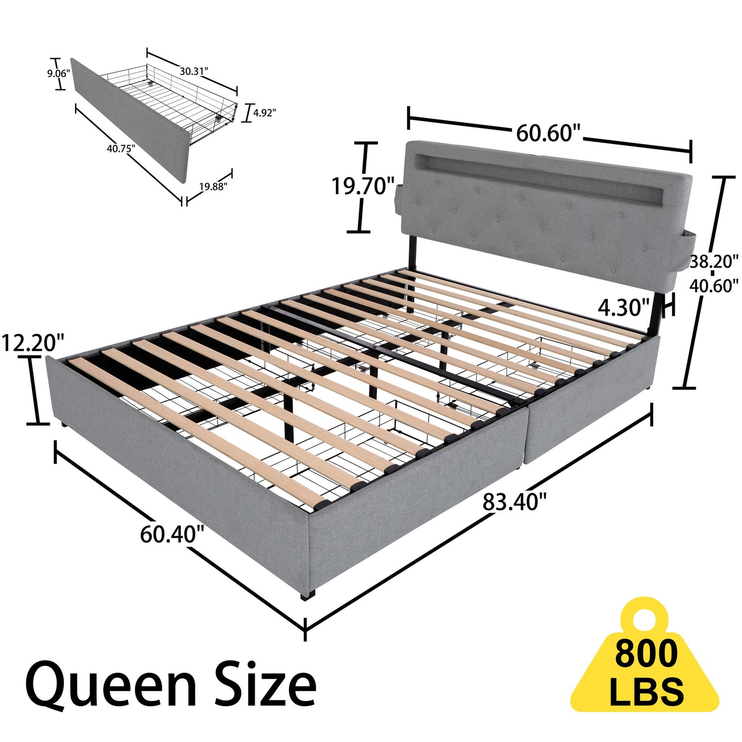 Bed With USB Charging Station, LED Lights, Headboard & Storage Drawers