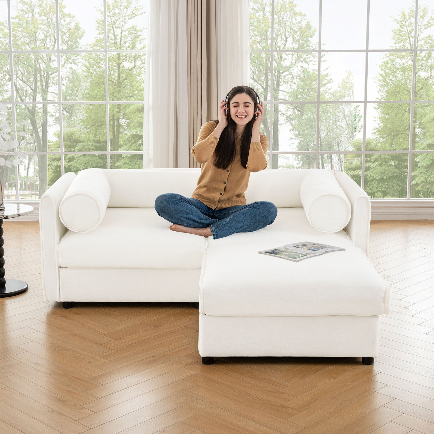 Contemporary Elegant White Chenille Sofa With Storage And Ottoman