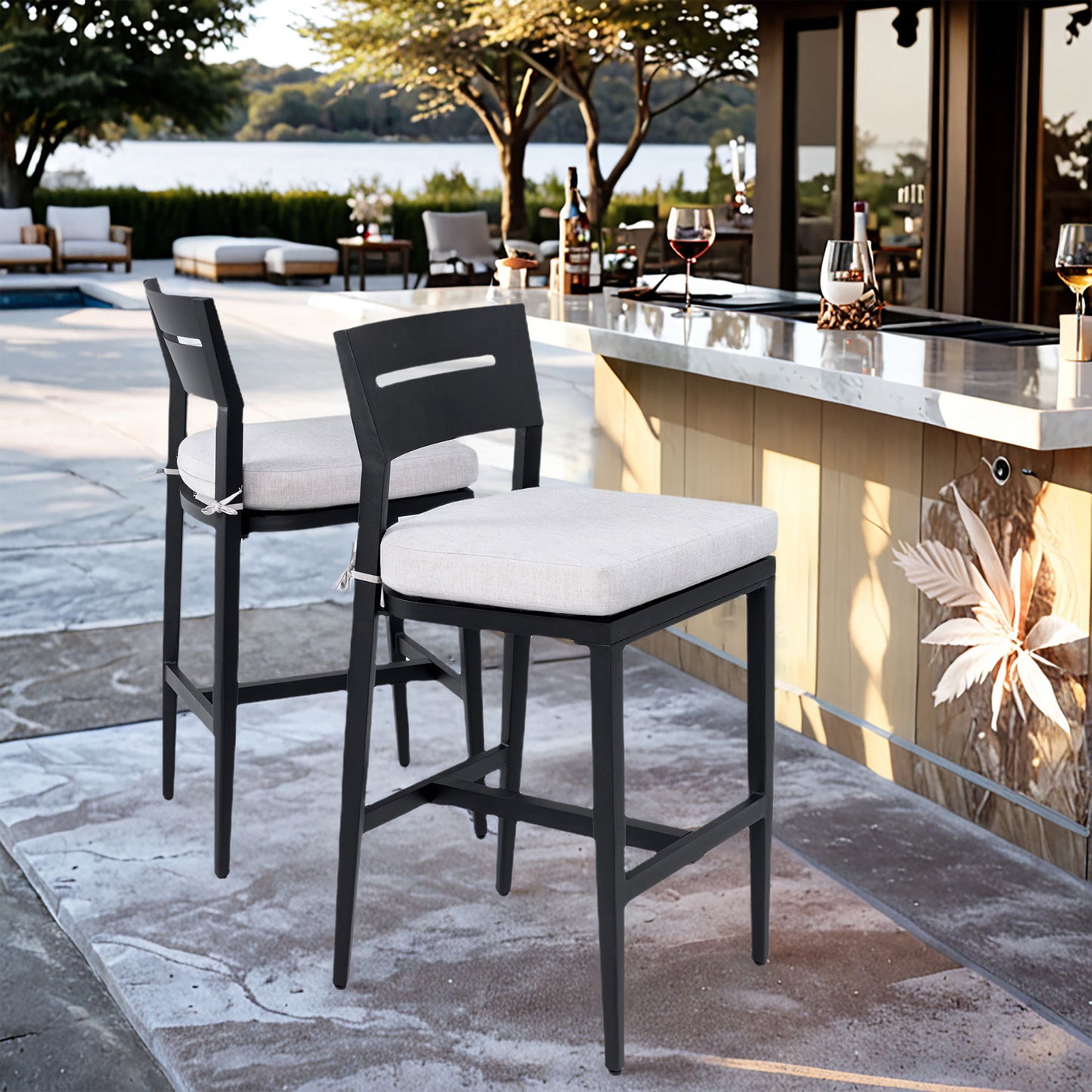 Modern Outdoor Bar Stools, Patio Chairs With Backrest And Footrest, Weather Resistant, Sunbrella Cushions (Set of 2) - Ember Black