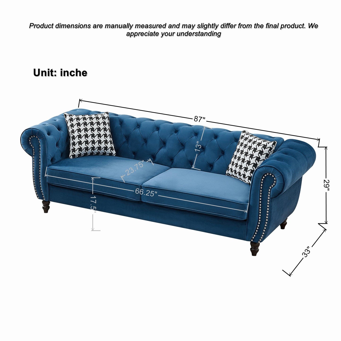 Mid Century Chesterfield Velvet Fabric Sofa With Roll Armrest & Nailhead, Blue, 87 Inches