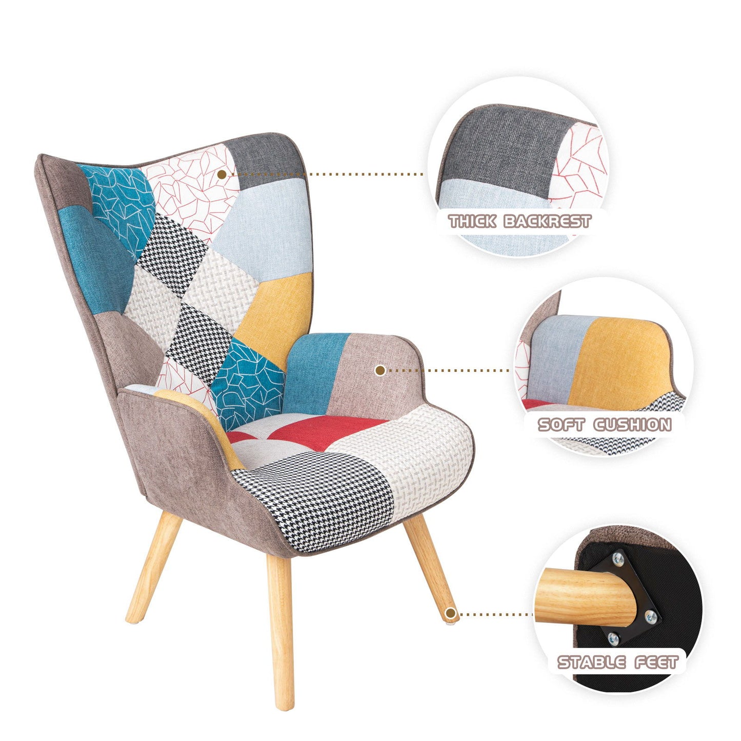 Accent Chair With Ottoman, Living Room Chair And Ottoman Set, Comfy Side Armchair For Bedroom, Creative Splicing Cloth Surface - Colorful
