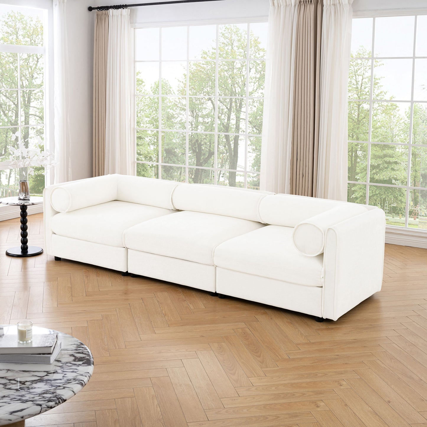 Stylish Chenille Sofa With Storage Seat And Cylindrical Backrest