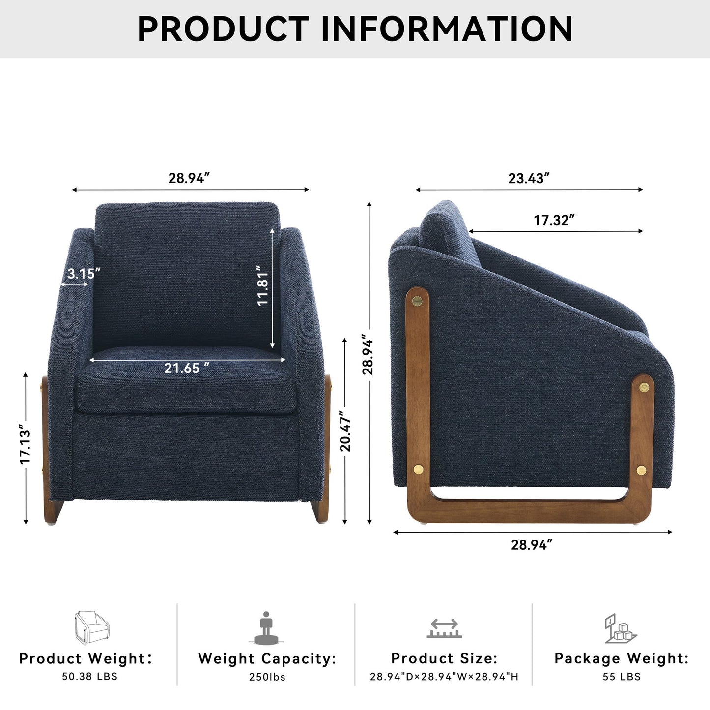 Modern Chenille Upholstered Armchair With Wooden Side Frame