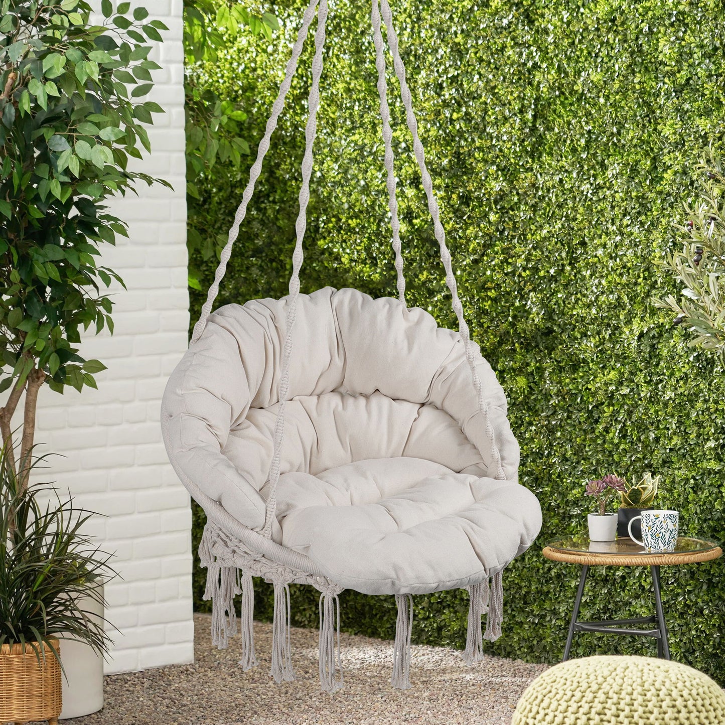 Macrame Hanging Hammock Chair With Cushion, Cotton Rope Swing For Indoor And Outdoor Use, 330 Lbs Capacity - Beige