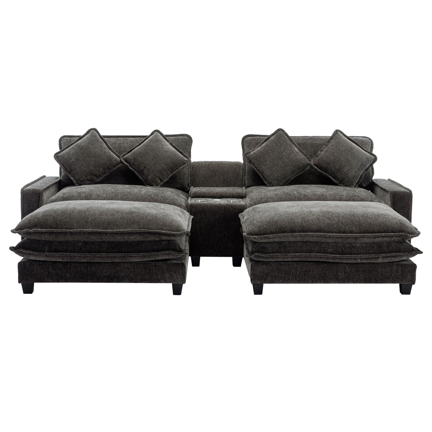 Sectional Sofa Chenille Upholstered Sofa With Two Removable Ottoman, Two USB Ports, Two Cup Holders And Large Storage Box For Living Room