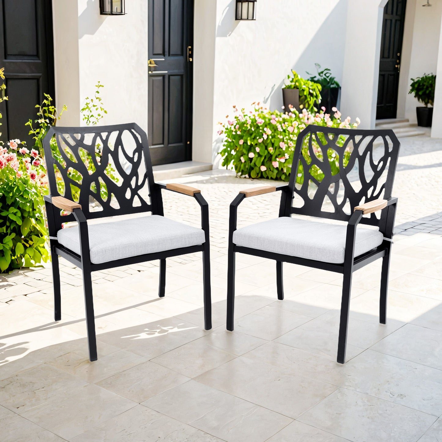 Outdoor Patio Stationary Dining Chairs With Outdoor Grade Sunbrella Cushions, Branch Like Backrest (Set of 2) - Bourbon Brown