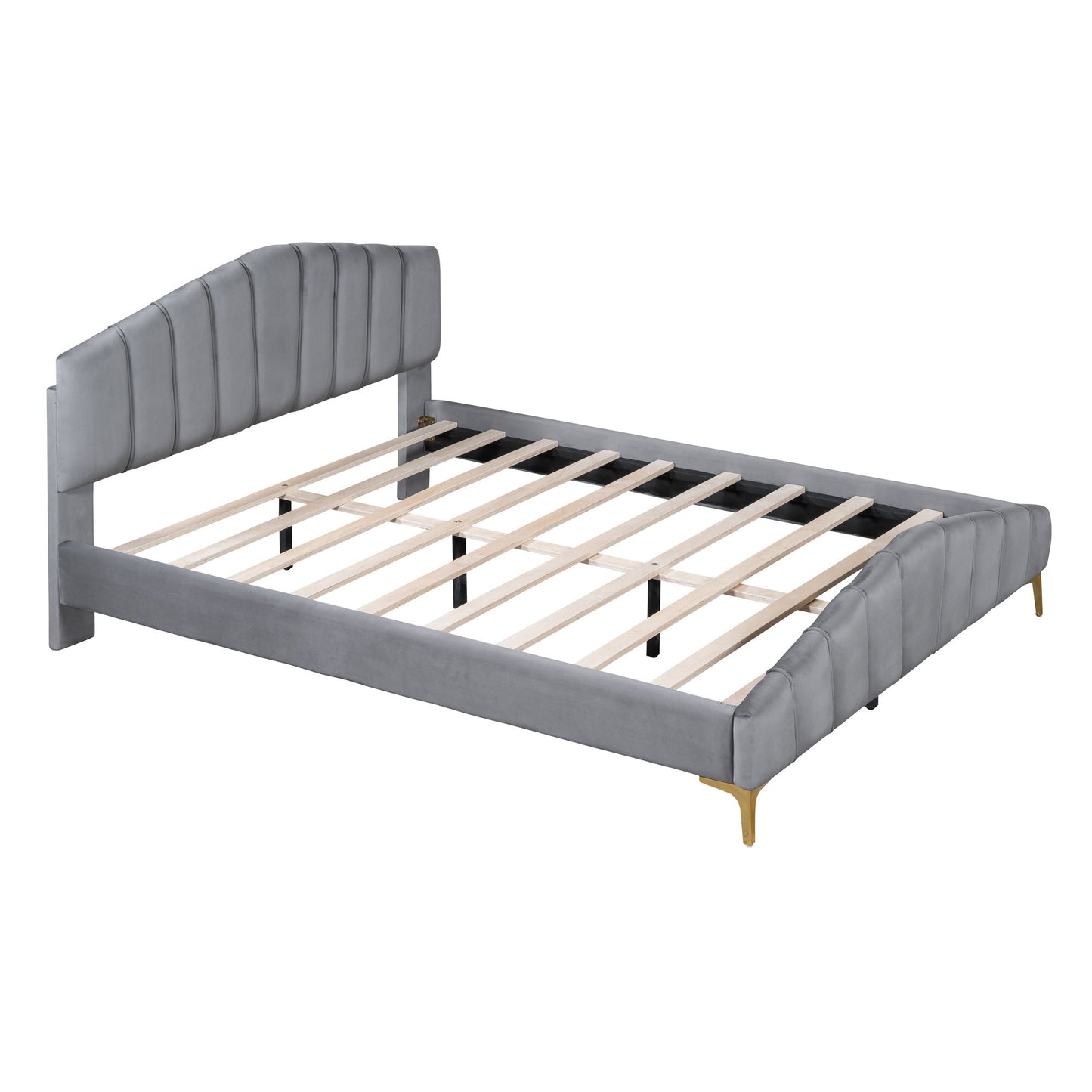 Platform Bed With Thick, Stylish Stripe Decorated Bedboard And Elegant Leg