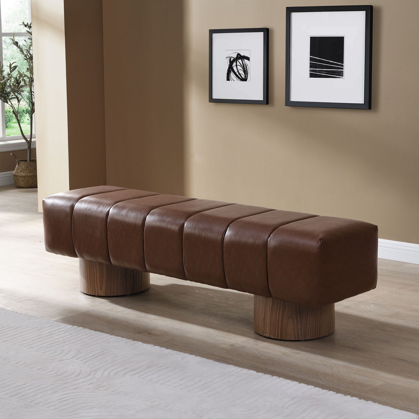 Upholstered Dining Bench For Dining Room, End Of Bed Entryway Bench Ottoman For Bedroom Living Room - Brown