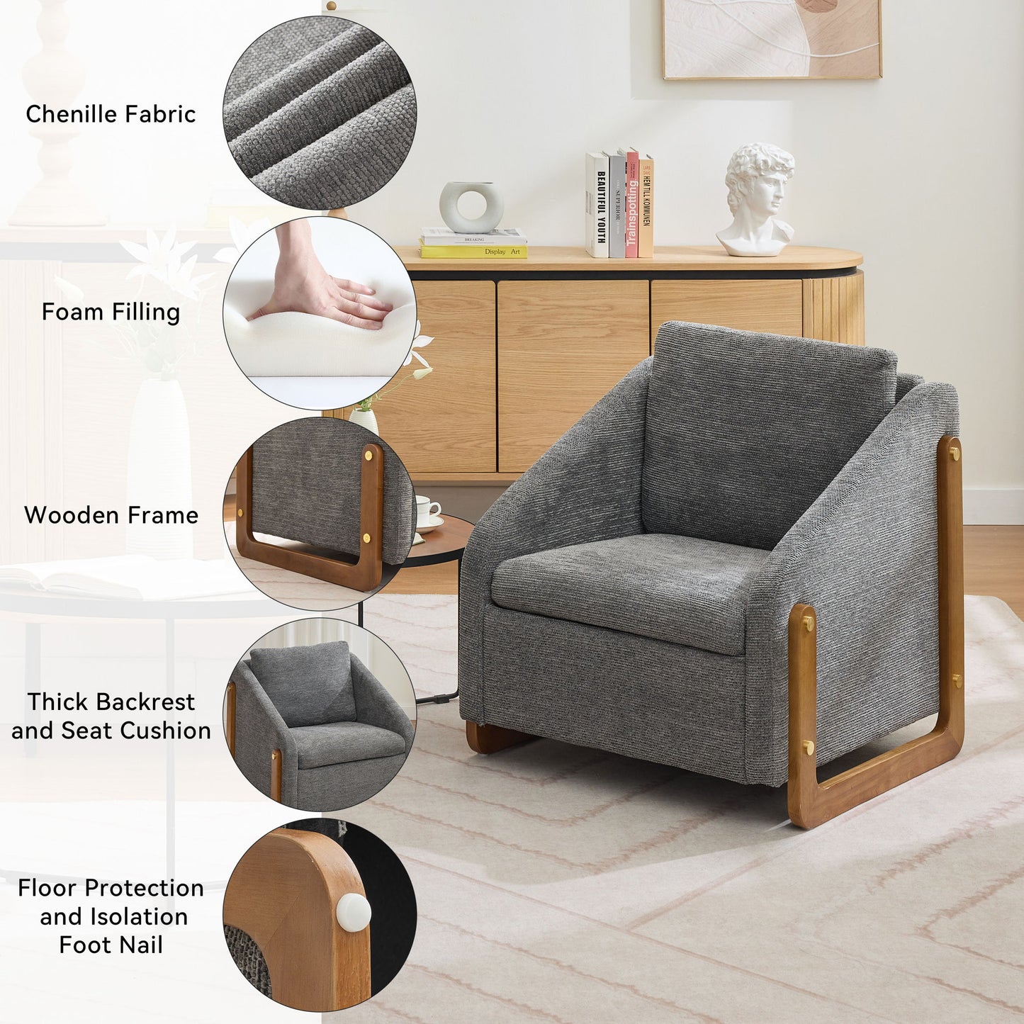 Modern Chenille Upholstered Armchair With Wooden Side Frame
