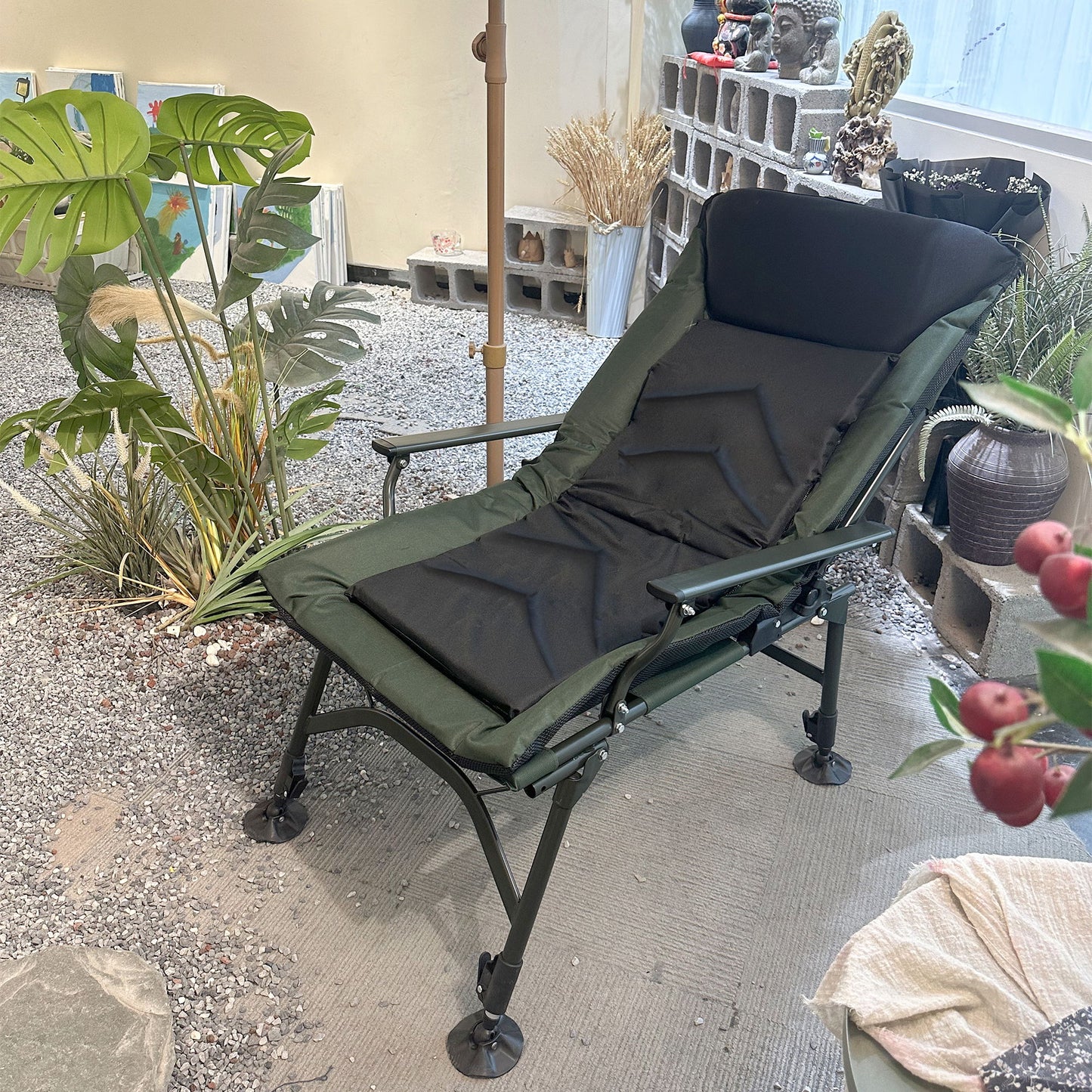 Camping Lounge Chair, Portable Folding Reclining Camping With Adjustable Backrest For Indoor And Outdoor Camping Beach Hiking Fishing - Green / Black