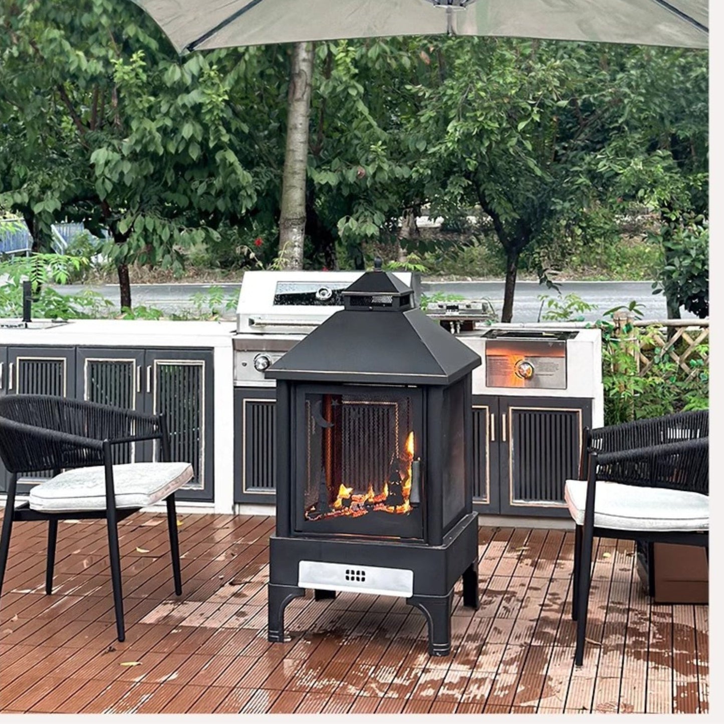 Heavy Duty Garden Metal Outdoor Heating Furnace Fire Pit With Rotating Tray - Black