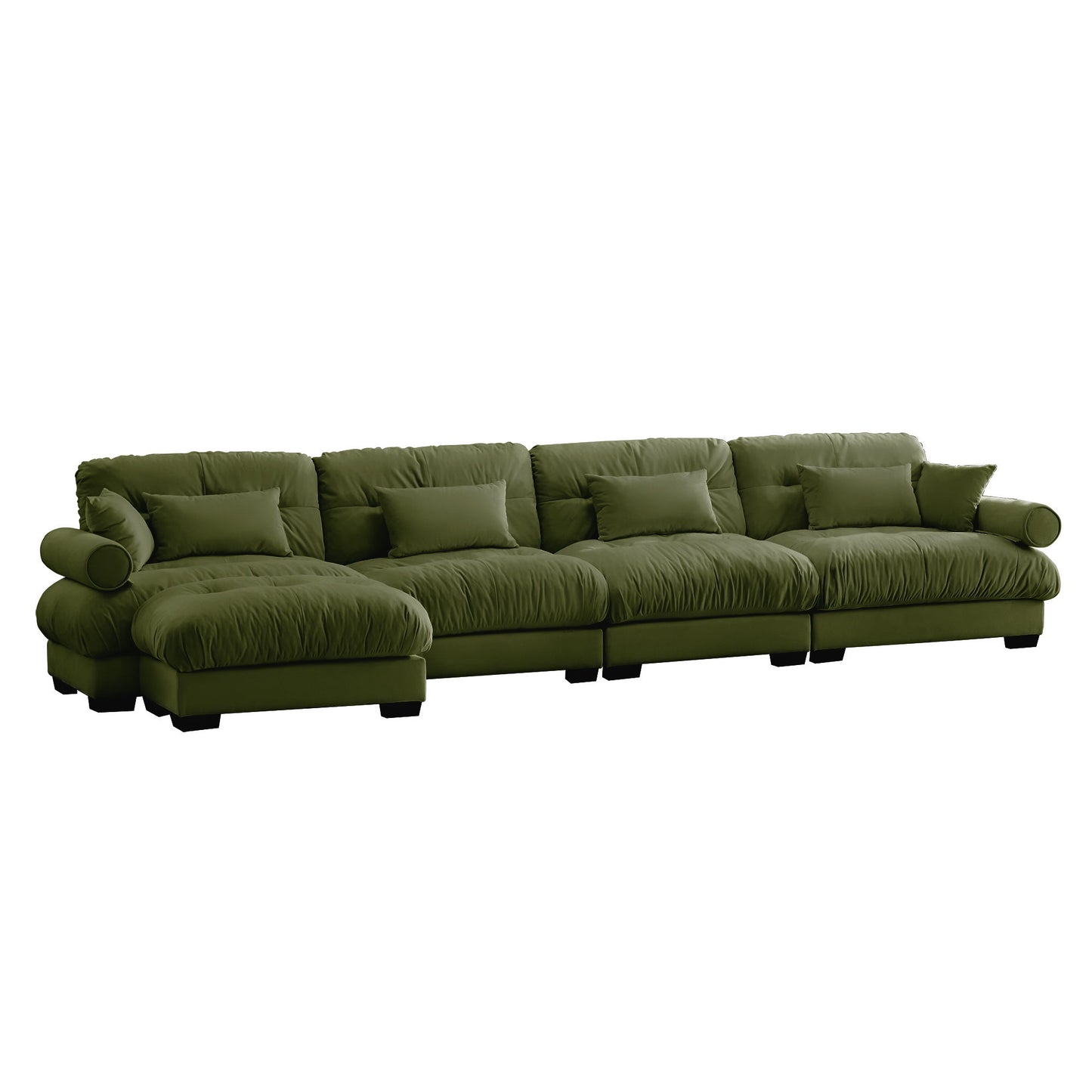 Modern Sectional Sofa With Ottoman, Round Bolster Armrests, Waist And Throw Pillows