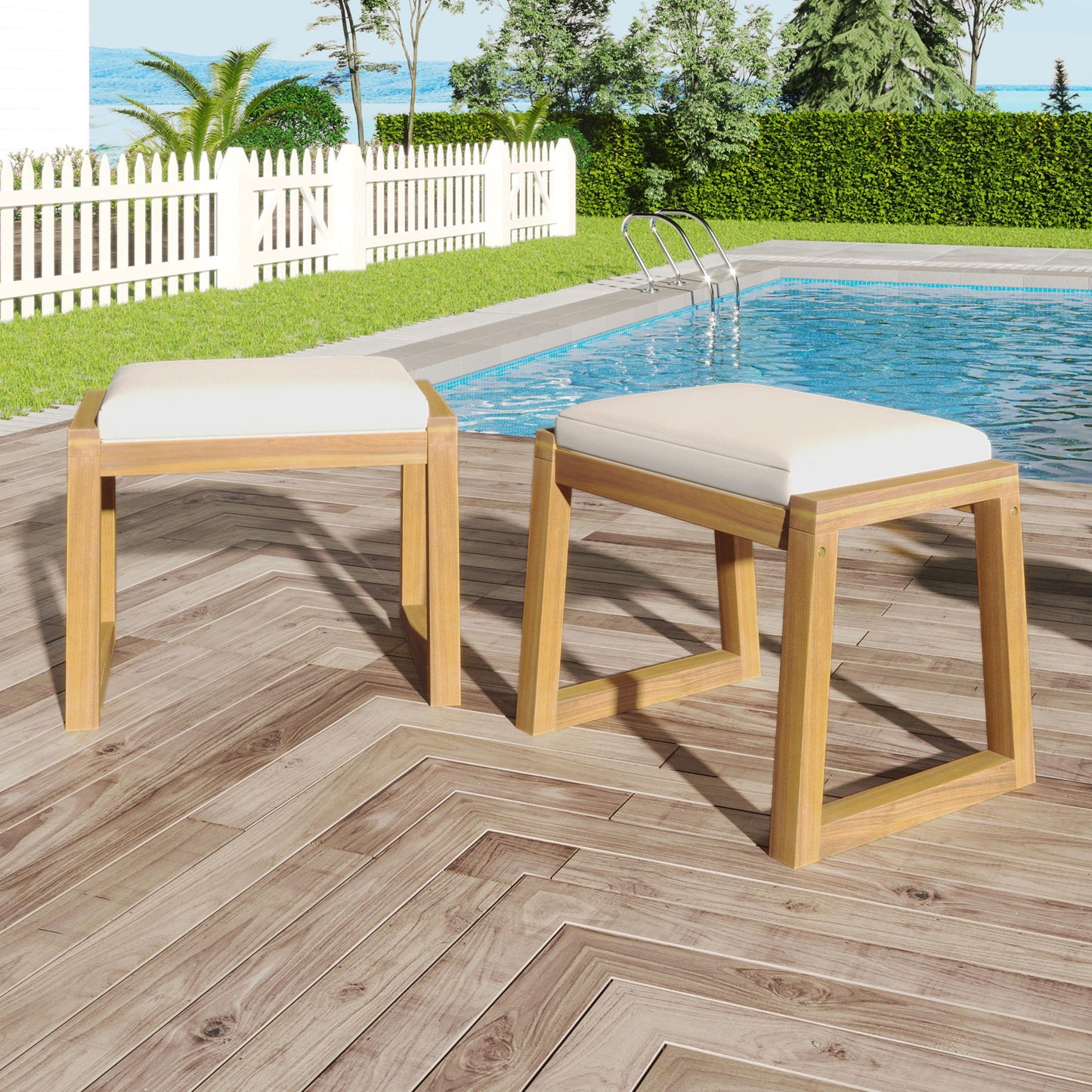 Outdoor Dining Bench Patio Bench Frame Cushion - Teak / Beige