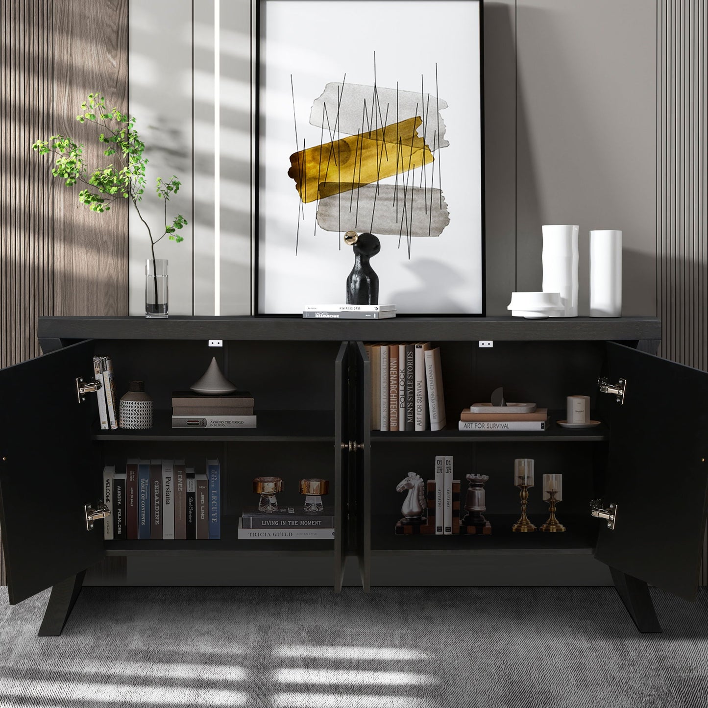 Refined Industrial 4 Door Credenza With Arc Legs & Bronze Clasps