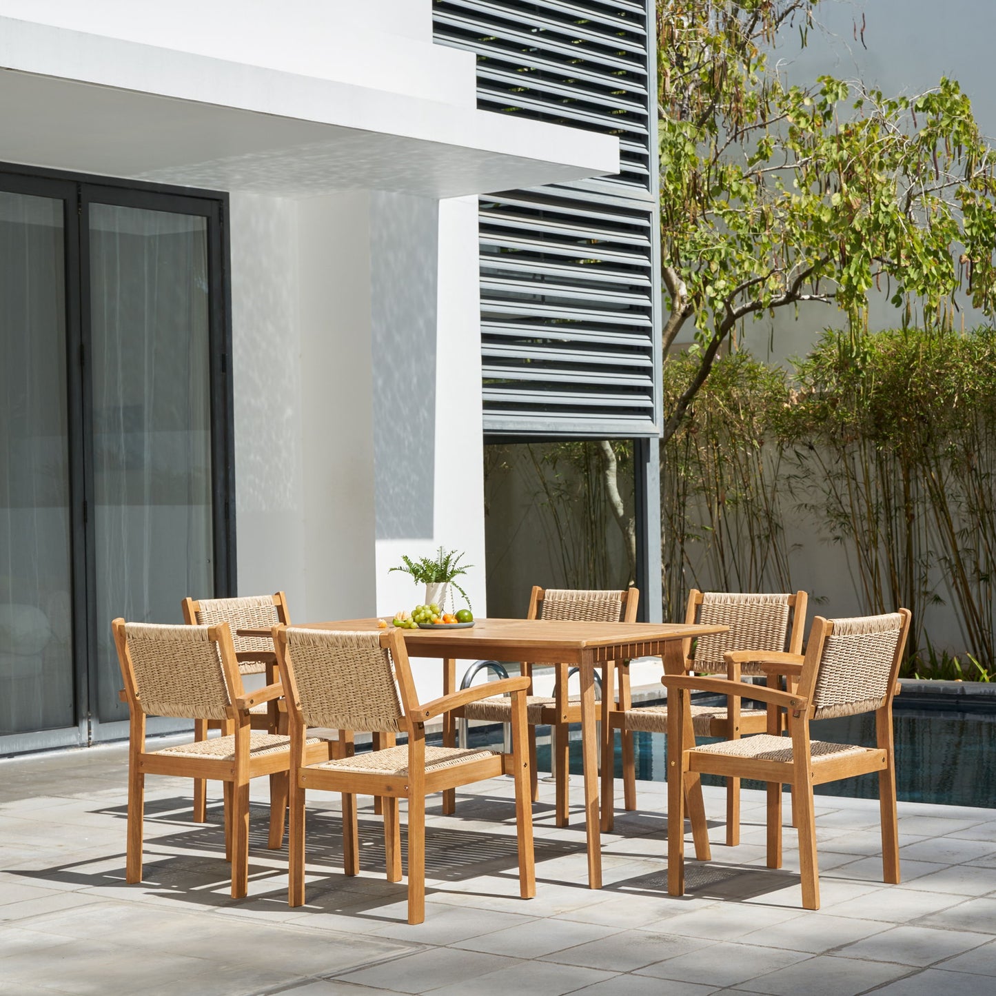 Mauricio - 7 Piece Dining Set With Stacking Chair - Natural / Light Brown
