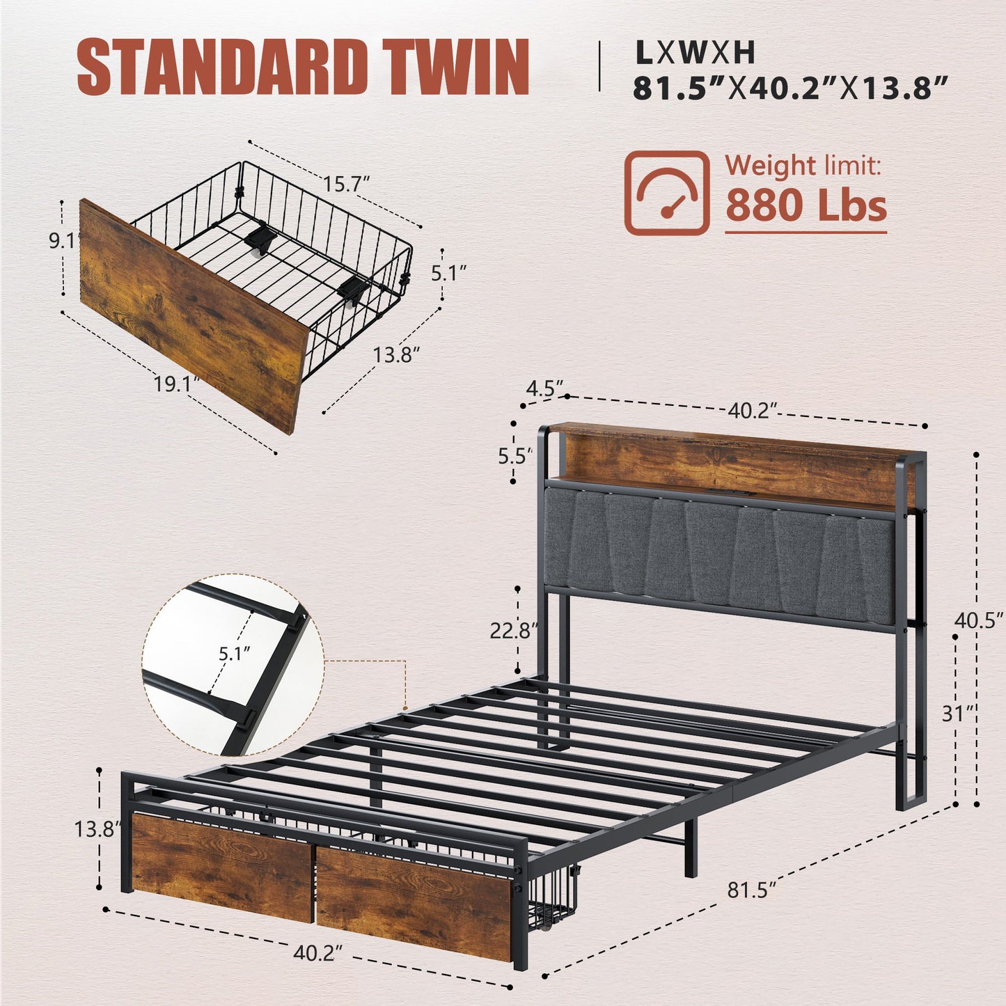 Upholstered Platform Bed Frame With Storage Drawers, USB Ports, LED Lights