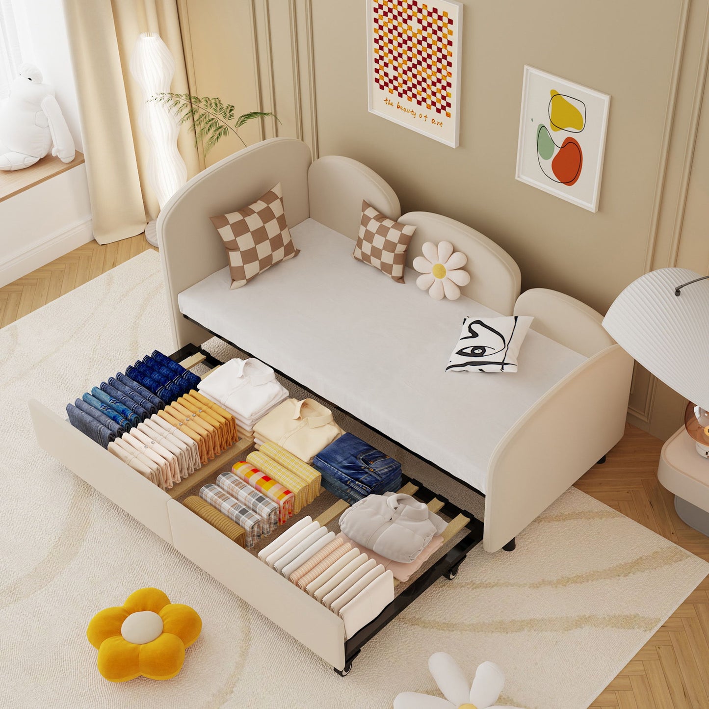 Modern Velvet Upholstered Daybed With Additional Bed Frame