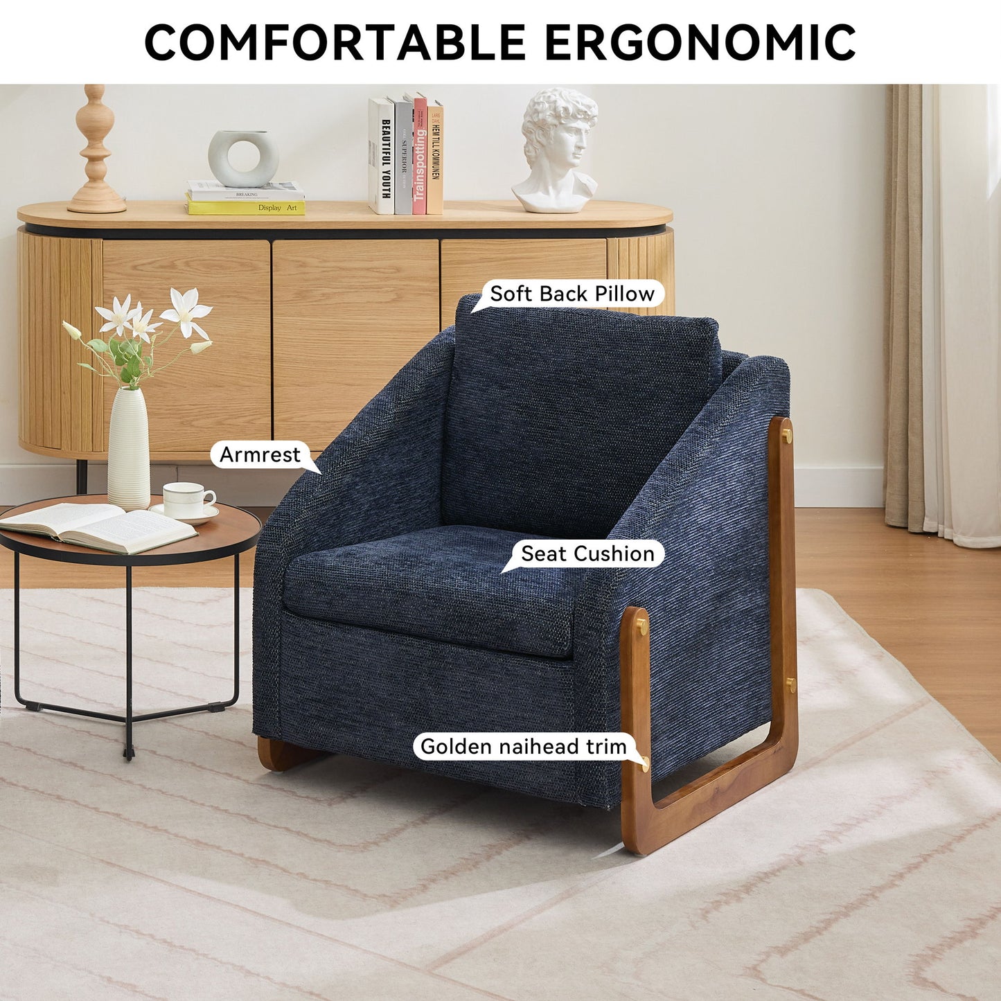Modern Chenille Upholstered Armchair With Wooden Side Frame