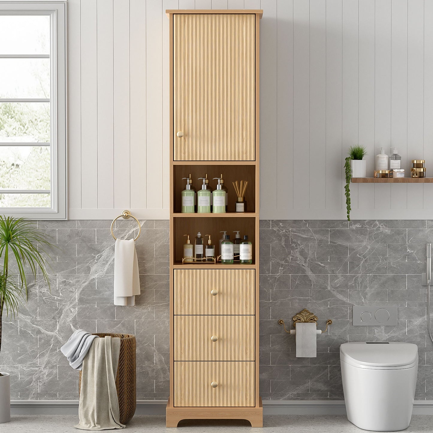 Tall Bathroom Cabinet With 1 Door, 3 Drawers, Open Storage - Wood