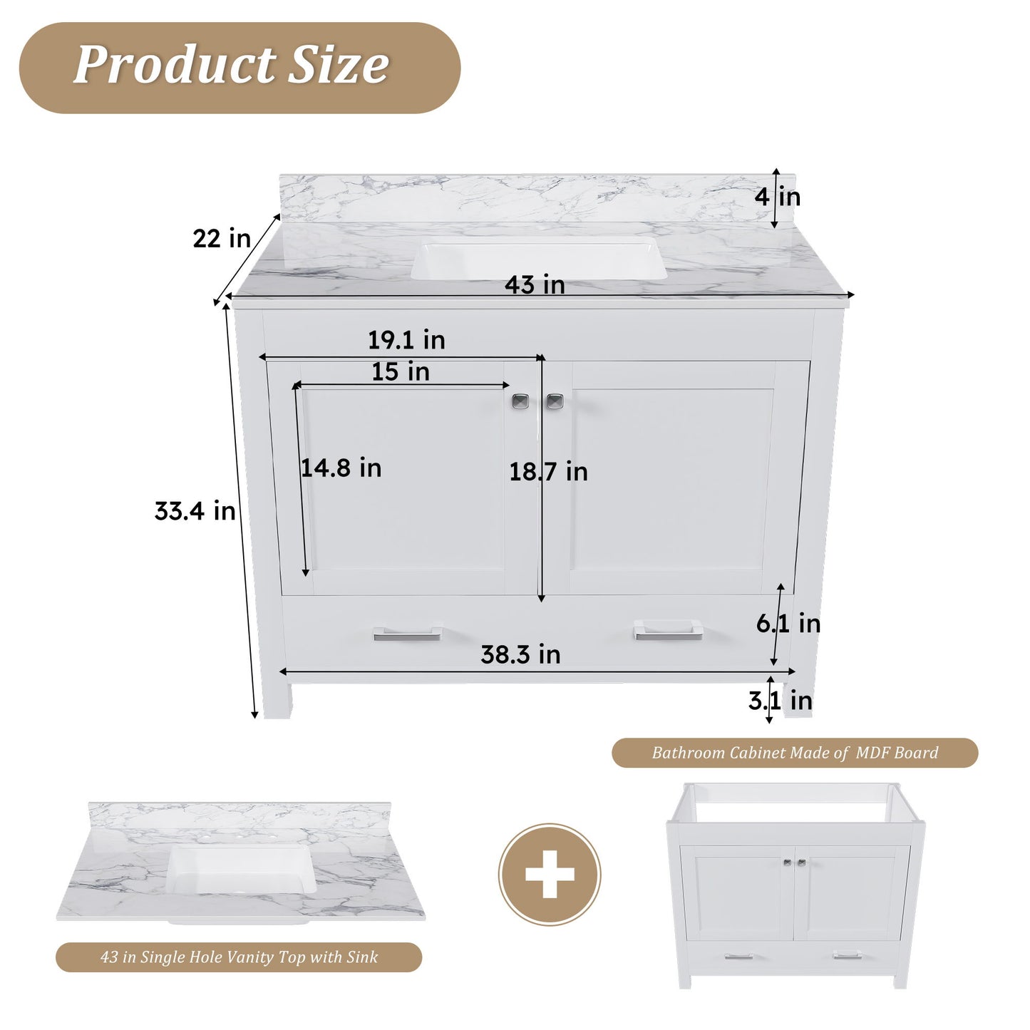 43" Bathroom Vanity, Multi Functional Cabinet - White