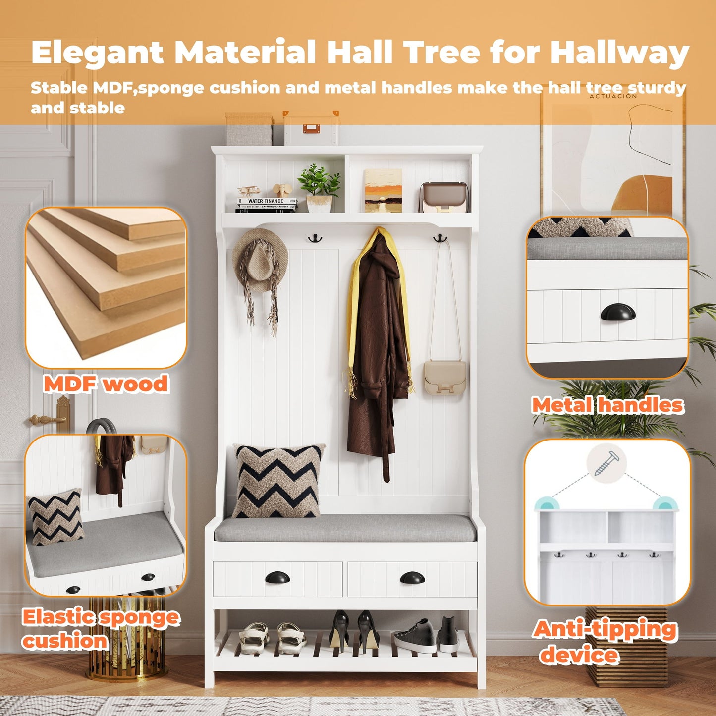 Modern 3 In 1 Hallway Hall Tree With Storage Drawers, Coat Rack, Shoe Rack Bench And Cushion