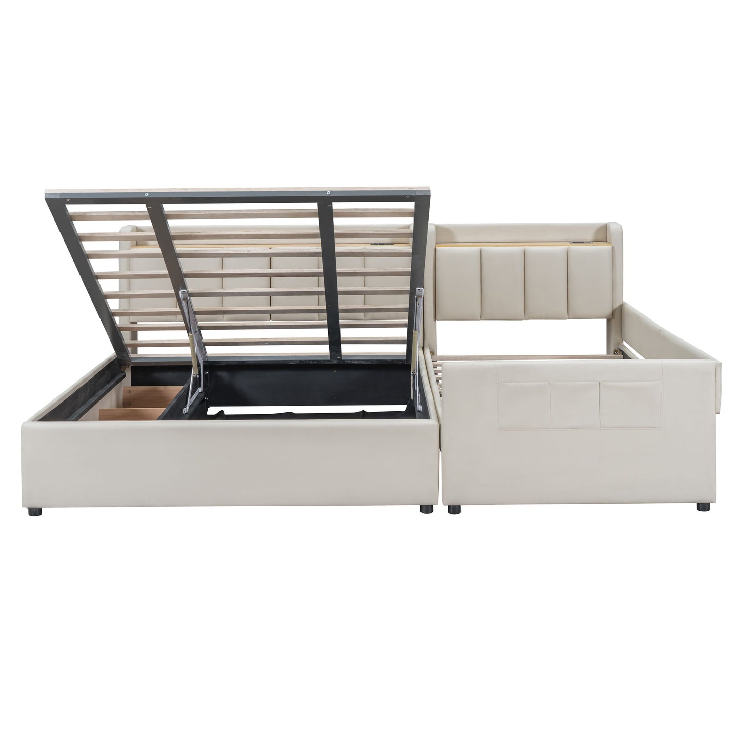 Upholstered Mother & Child Bed With Hydraulic Storage System, Drawer Box, Bedhead Storage Shelf And 2 Pairs Of Sockets & USB Ports
