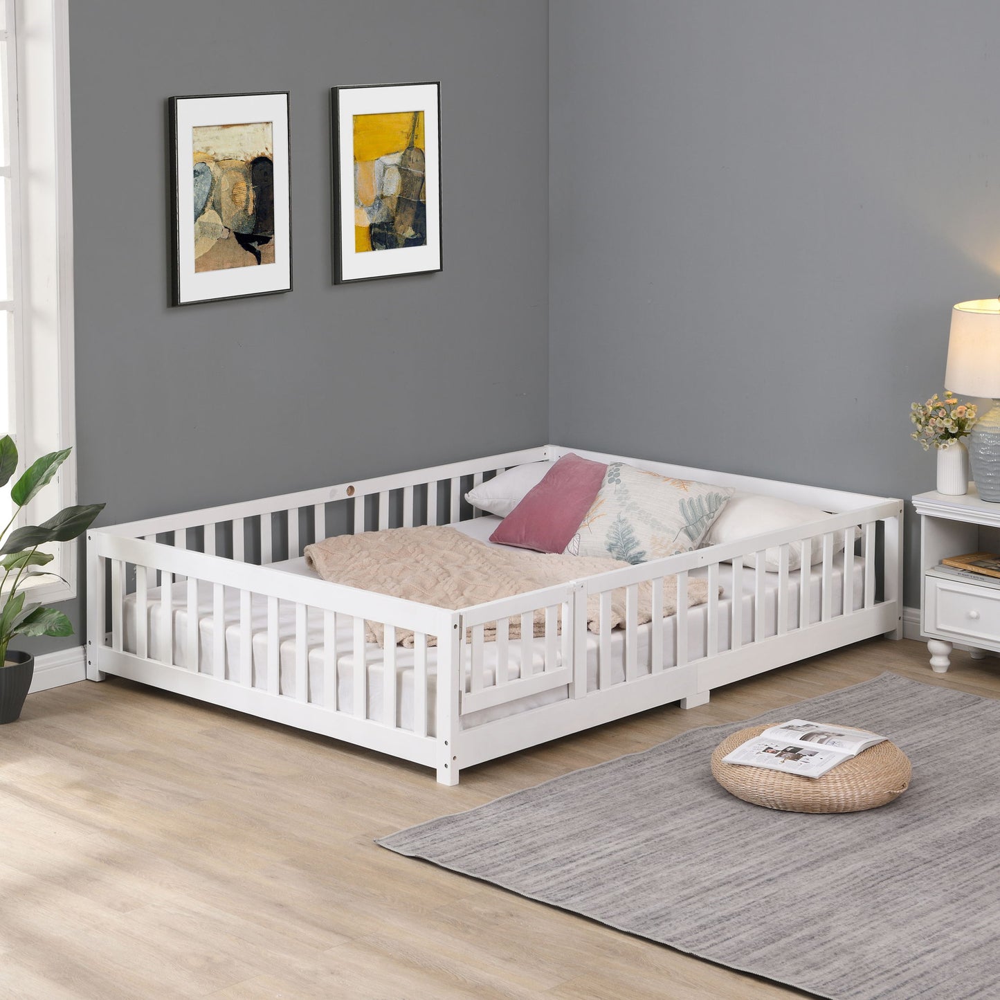 Solid Floor Bed With Door And Fence For Children