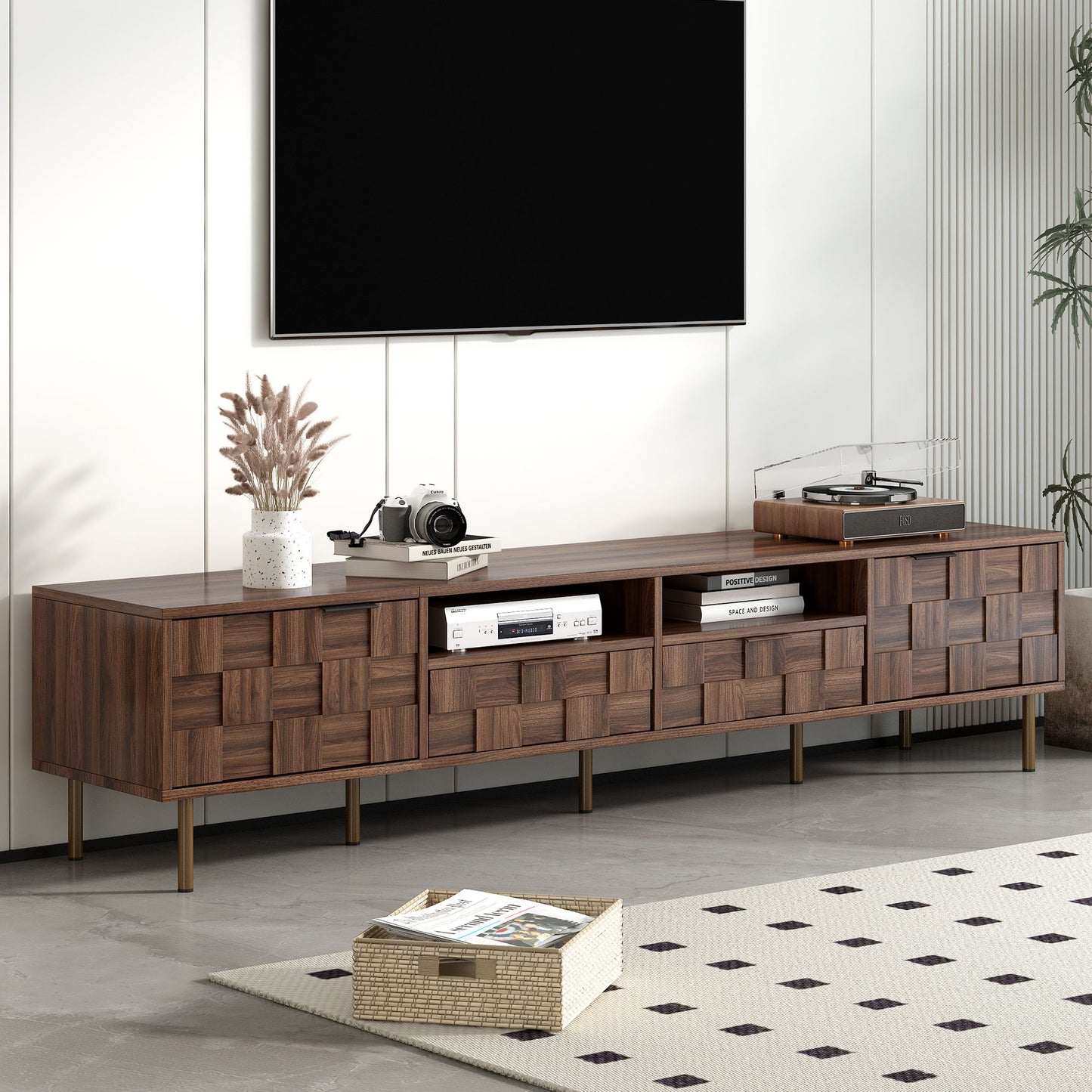 Mid Century TV Stand With 2 Drawers, Media Console Table For Tvs Up To 85'', Entertainment Center With Storage For Living Room - Dark Brown