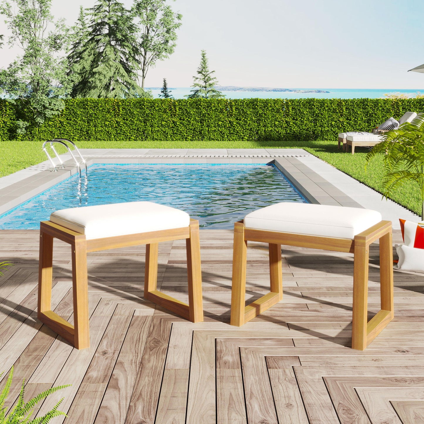 Outdoor Dining Bench Patio Bench Frame Cushion - Teak / Beige
