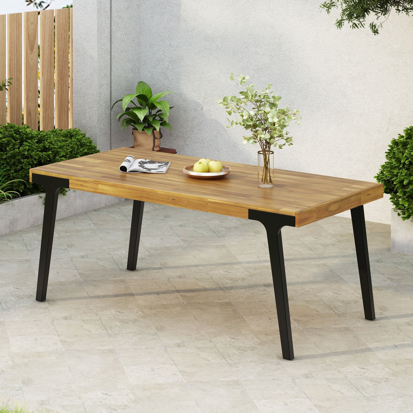 Acacia Wood Patio Dining Table, 69"L Rectangle Outdoor Table - Teak / Black