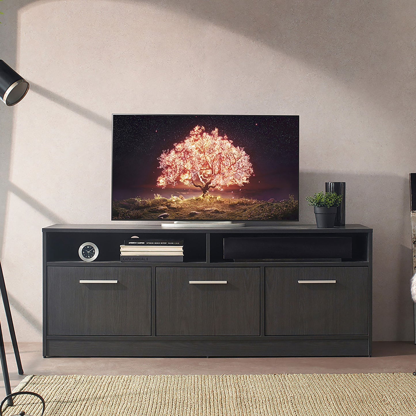 Holland - Contemporary TV Stand With 3 Soft Closing Doors - Dark Gray