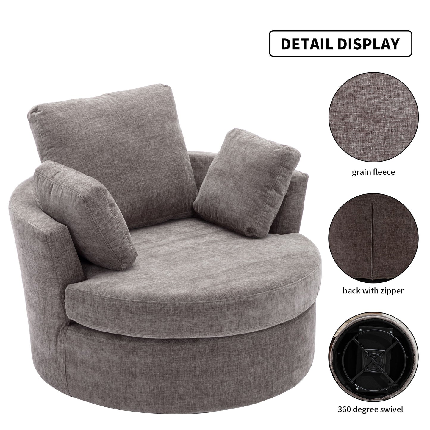 Oversize Round Swivel Chair Cozy Club 360 Degrees Swivel Sofa With 3 Pillows Chenille Fabric For Living Room