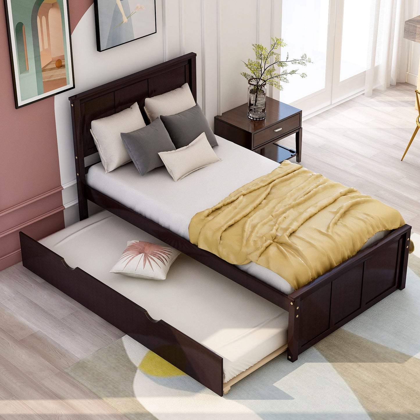 Platform Bed With Twin Trundle, Twin Size - Espresso