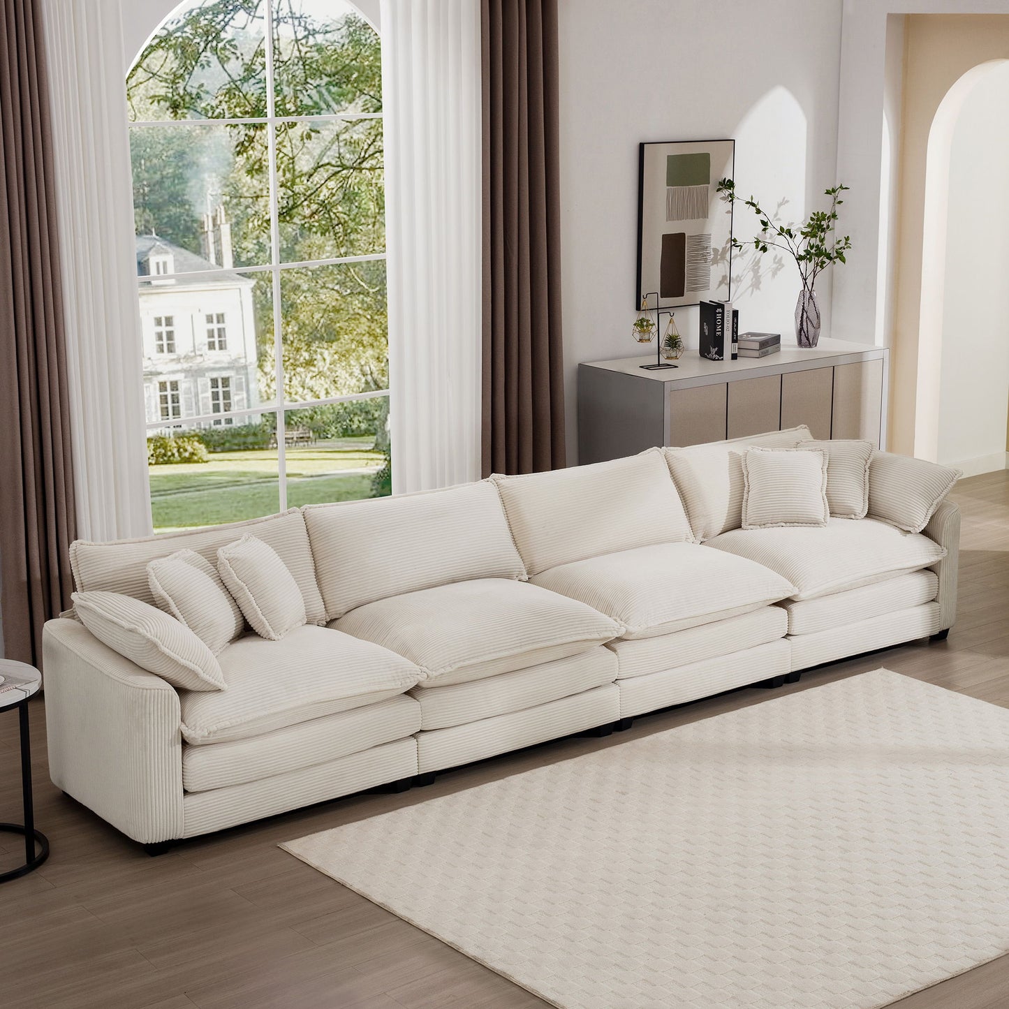 Modern Upholstered 4 Seater Corduroy Fabric Sofa With Arm And Throw Pillows