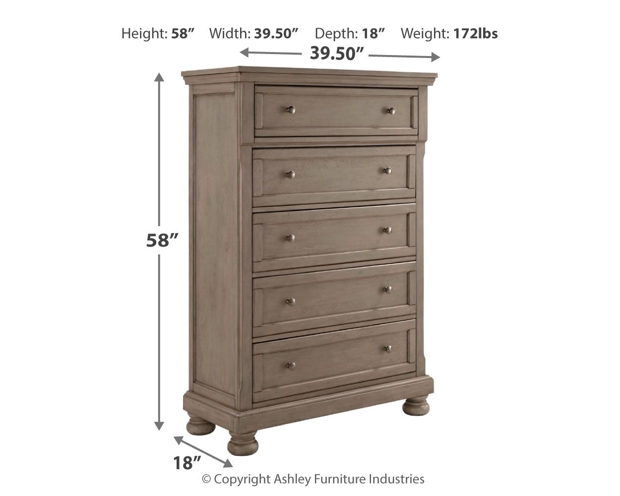 Lettner - Five Drawer Chest - 2-handles - Light Gray