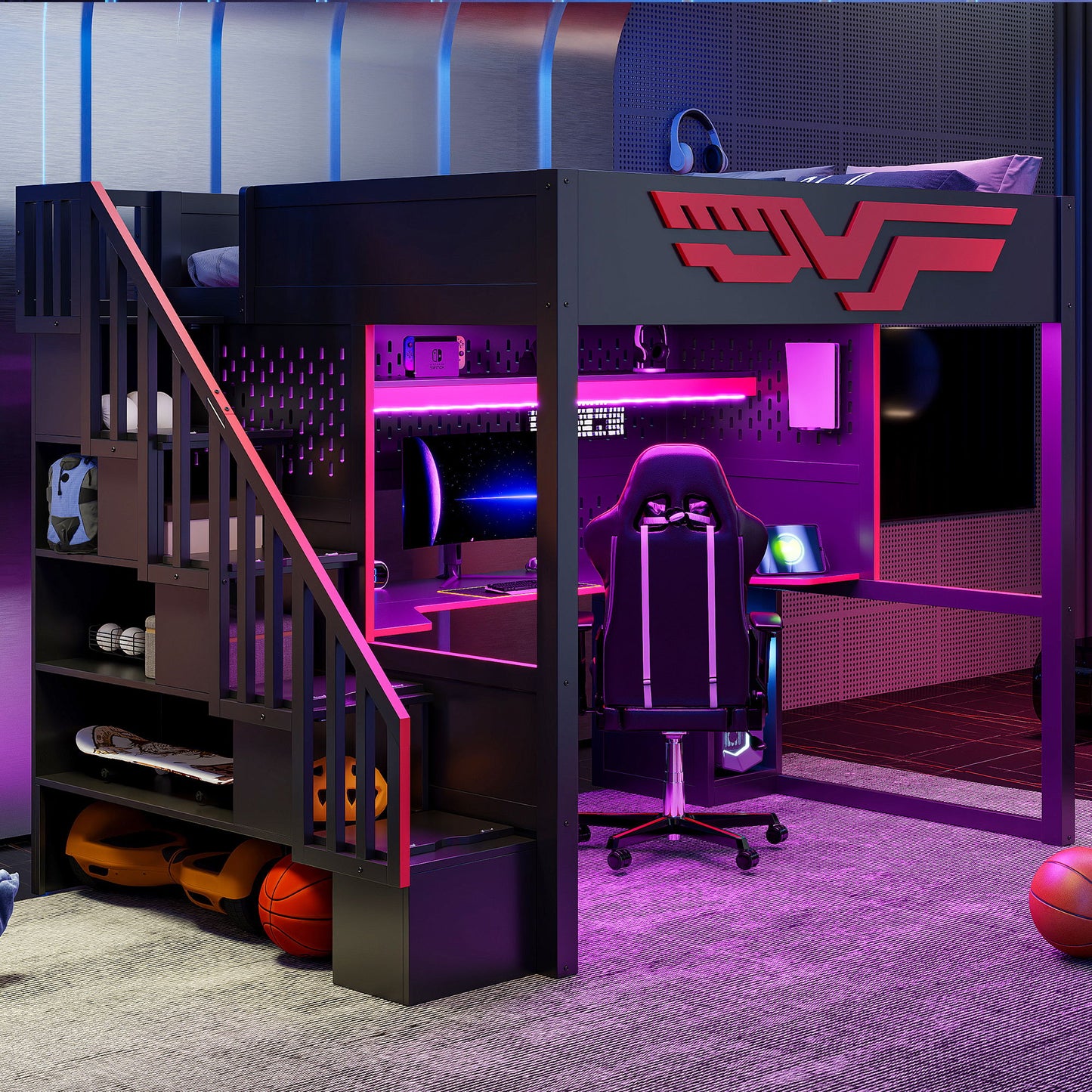 Full Gaming Loft Bed With Desk And Storage Staircase, LED Lights And USB - Red / Black