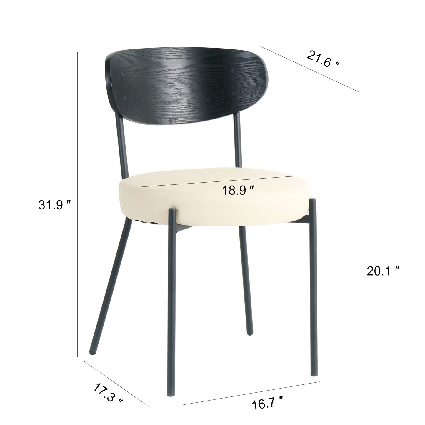 Modern Bentwood Dining Chair, Metal Legs, Ash Veneer Back, (Set of 2) - Cream