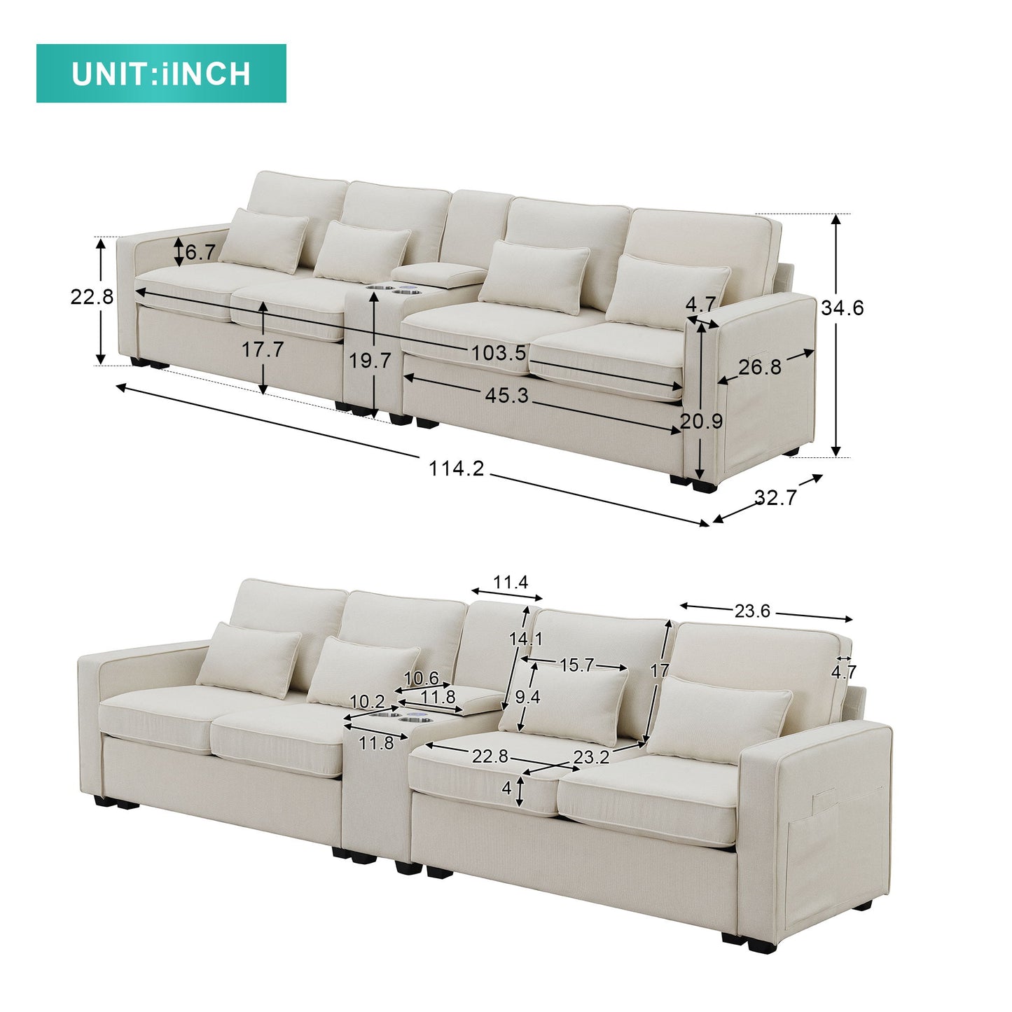 Upholstered Sofa With Console, 2 Cupholders And 2 USB Ports Wired Or Wirelessly Charged, Modern Linen Fabric Couches With 4 Pillows For Living Room, Apartment (4-Seat)