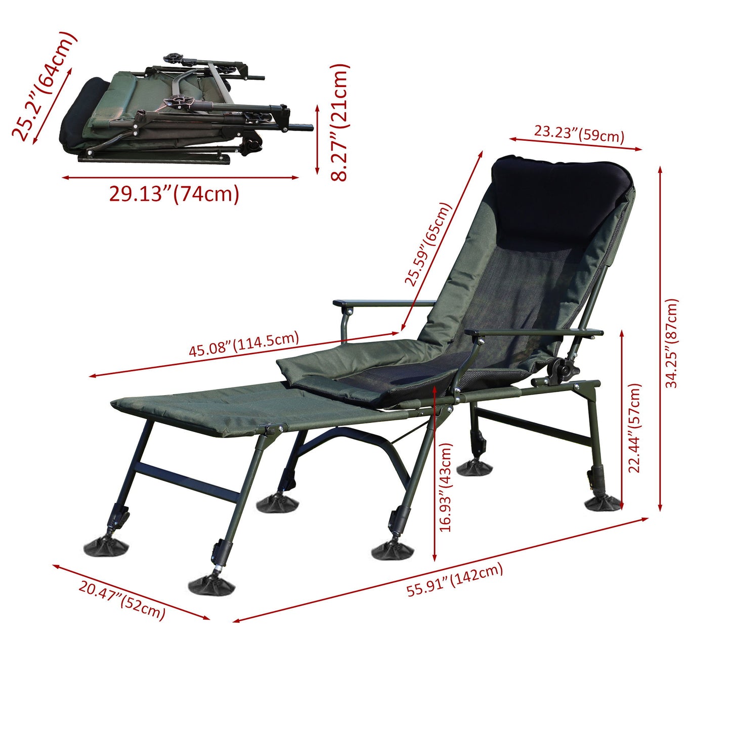 Camping Lounge Chair With Detachable Footrest, Portable Folding Reclining Camping Chair With Adjustable Backrest For Indoor And Outdoor Camping Beach Hiking Fishing - Green / Black