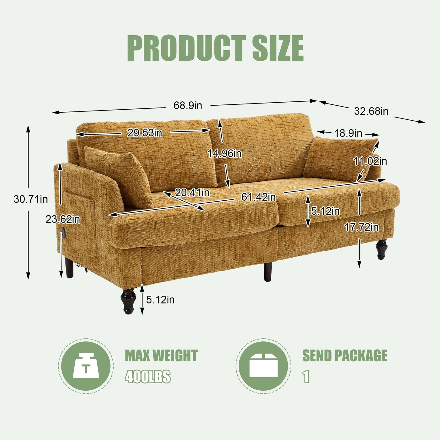 Chenille 2 Seater Sofa With LED Light, USB Charging Port, And Storage Bag